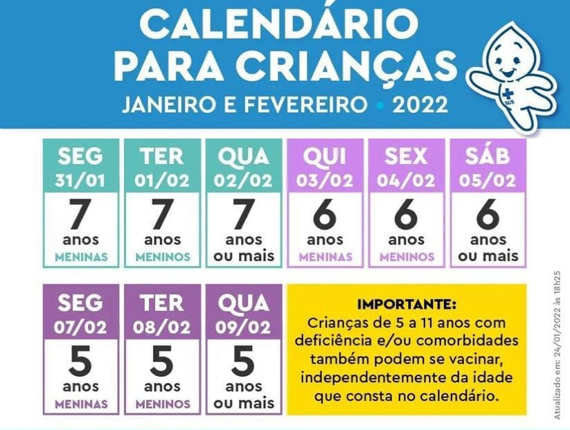 CALENDÁRIO PARA AS CRIANÇAS VACINA COVID-19